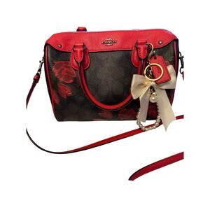 Coach F25870 Rowan Satchel Signature Canvas with Red Leather Trim & Rose Print